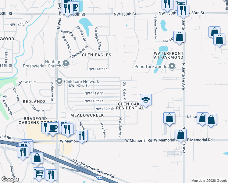 map of restaurants, bars, coffee shops, grocery stores, and more near 513 Northwest 141st Street in Edmond