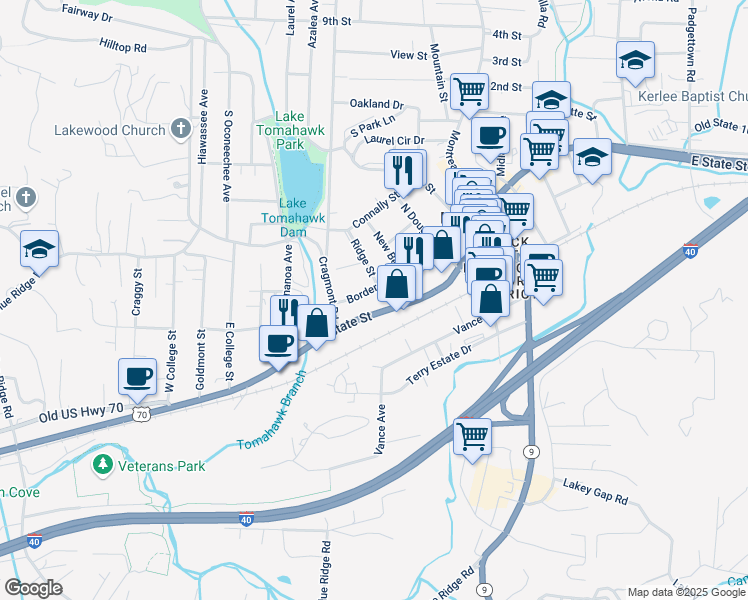 map of restaurants, bars, coffee shops, grocery stores, and more near 203 Border Street in Black Mountain