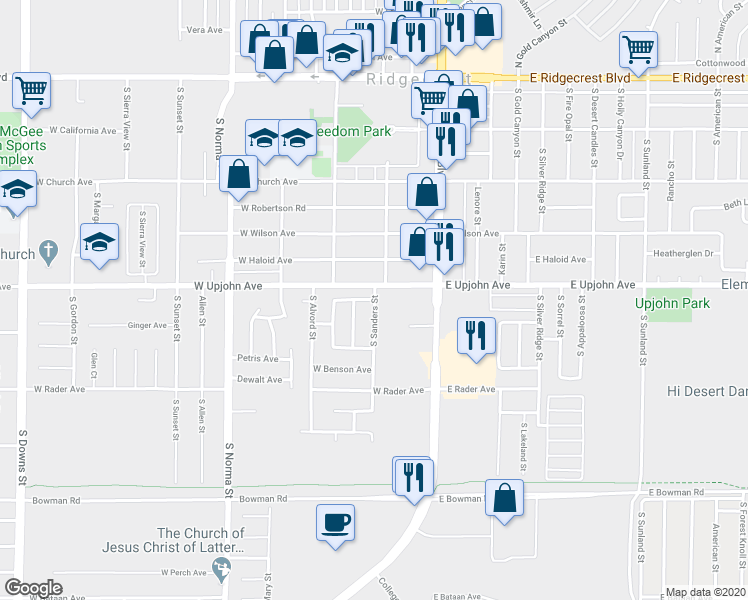 map of restaurants, bars, coffee shops, grocery stores, and more near 201 West Iowa Avenue in Ridgecrest