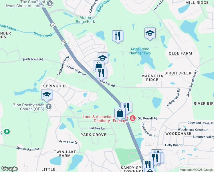 map of restaurants, bars, coffee shops, grocery stores, and more near 2100 North Broad Street in Holly Springs