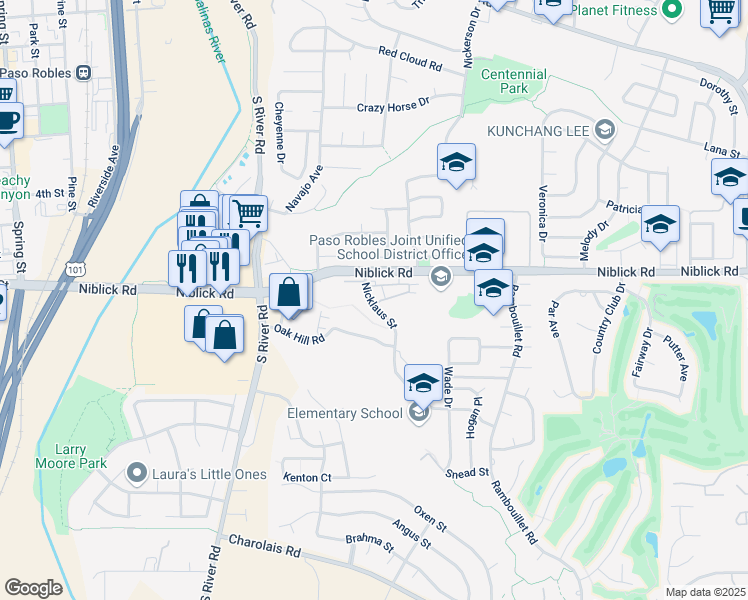 map of restaurants, bars, coffee shops, grocery stores, and more near 734 Gardenia Circle in Paso Robles