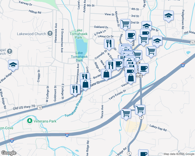 map of restaurants, bars, coffee shops, grocery stores, and more near 203 Border Street in Black Mountain