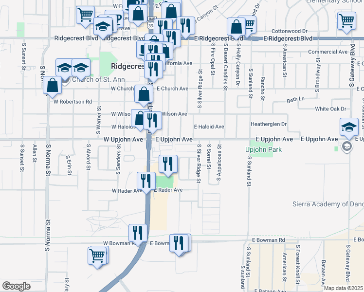 map of restaurants, bars, coffee shops, grocery stores, and more near 177 East Upjohn Avenue in Ridgecrest