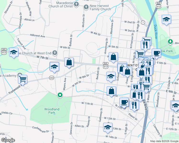 map of restaurants, bars, coffee shops, grocery stores, and more near 612 West 8th Street in Columbia