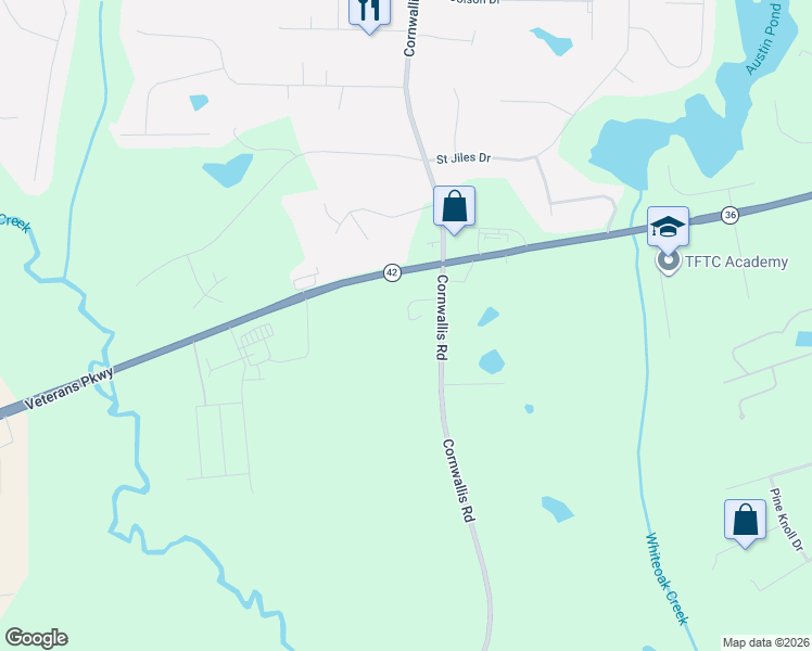 map of restaurants, bars, coffee shops, grocery stores, and more near 5347 Cornwallis Road in Garner
