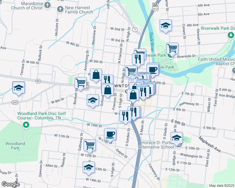 map of restaurants, bars, coffee shops, grocery stores, and more near 305 West 7th Street in Columbia