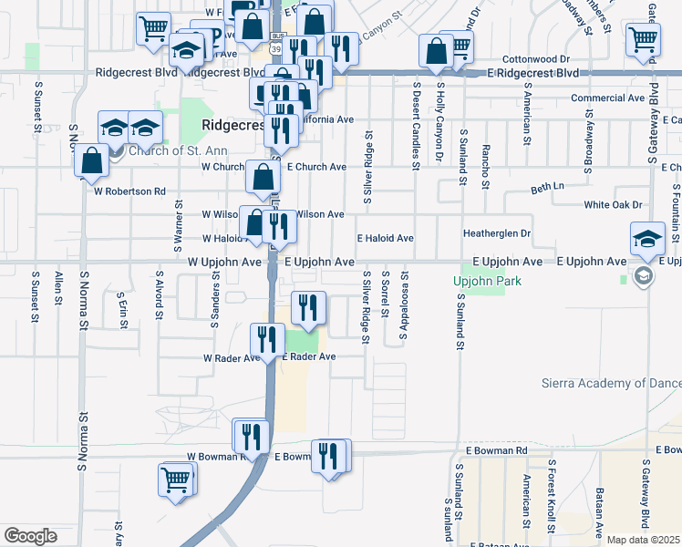 map of restaurants, bars, coffee shops, grocery stores, and more near 177 East Upjohn Avenue in Ridgecrest