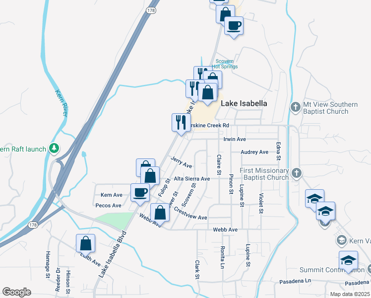 map of restaurants, bars, coffee shops, grocery stores, and more near 2843 Scovern Street in Lake Isabella