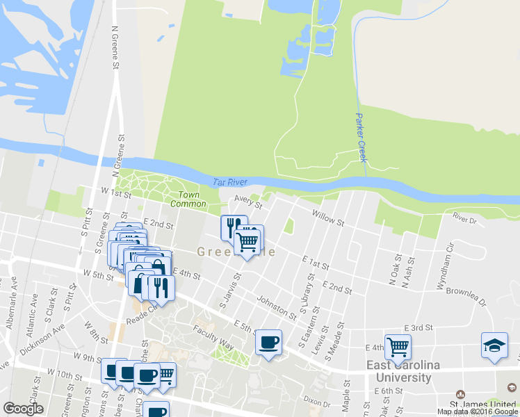 map of restaurants, bars, coffee shops, grocery stores, and more near 604 Avery Street in Greenville