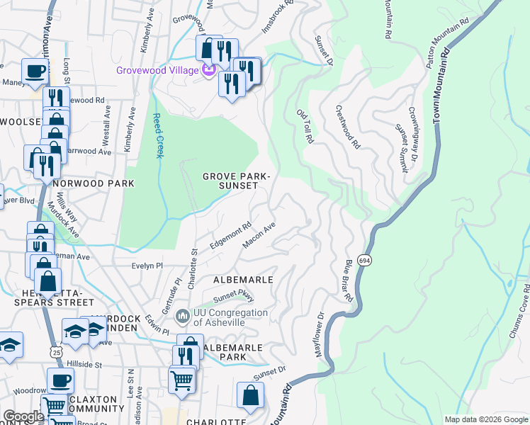 map of restaurants, bars, coffee shops, grocery stores, and more near 83 Edgemont Road in Asheville