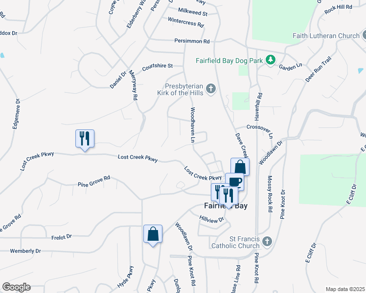 map of restaurants, bars, coffee shops, grocery stores, and more near 3002 Summer Hill Place in Fairfield Bay
