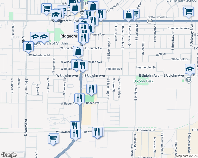 map of restaurants, bars, coffee shops, grocery stores, and more near 177 East Upjohn Avenue in Ridgecrest