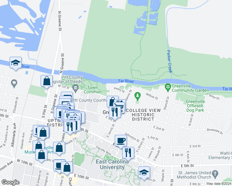 map of restaurants, bars, coffee shops, grocery stores, and more near 110 North Holly Street in Greenville