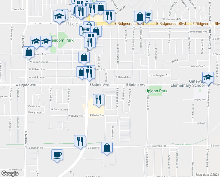 map of restaurants, bars, coffee shops, grocery stores, and more near 221 East Upjohn Avenue in Ridgecrest