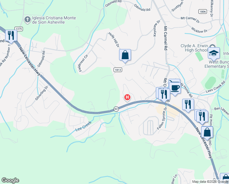 map of restaurants, bars, coffee shops, grocery stores, and more near 45 Pentland Hills Drive in Asheville