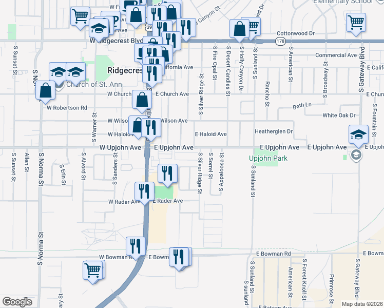 map of restaurants, bars, coffee shops, grocery stores, and more near 291 East Upjohn Avenue in Ridgecrest