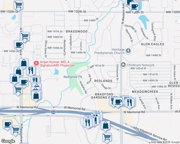 map of restaurants, bars, coffee shops, grocery stores, and more near 14109 Kiowa Road in Edmond