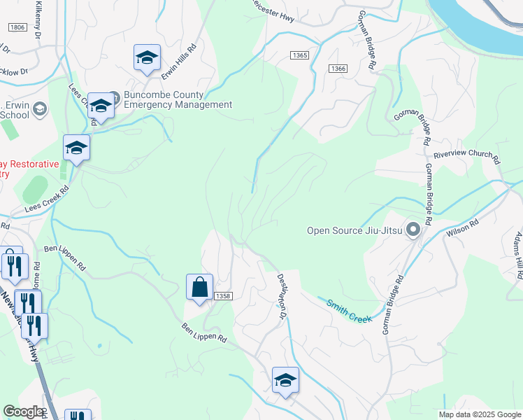 map of restaurants, bars, coffee shops, grocery stores, and more near 12 Highland Grove Road in Asheville