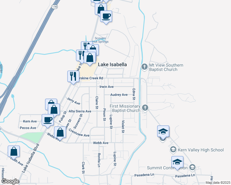 map of restaurants, bars, coffee shops, grocery stores, and more near 2729 Audrey Avenue in Lake Isabella