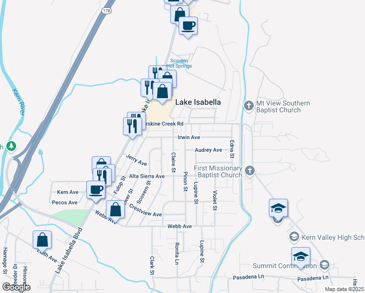 map of restaurants, bars, coffee shops, grocery stores, and more near 2905 Pinon Street in Lake Isabella