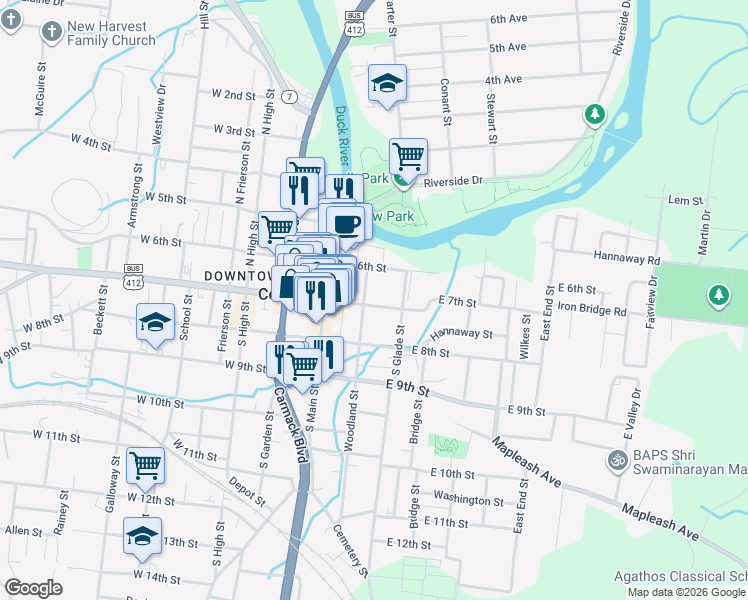 map of restaurants, bars, coffee shops, grocery stores, and more near 206 East 7th Street in Columbia