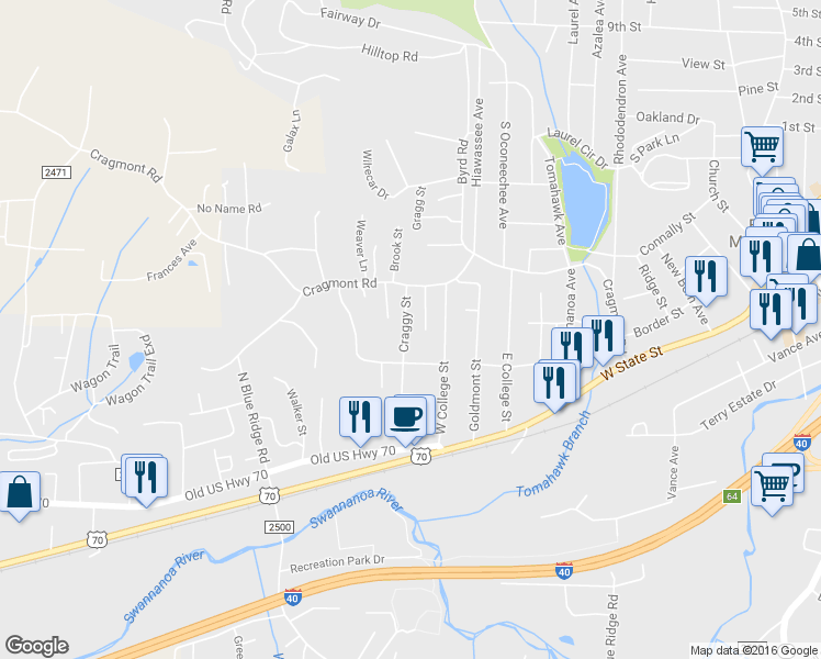 map of restaurants, bars, coffee shops, grocery stores, and more near 109 Craggy Street in Black Mountain