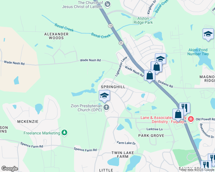 map of restaurants, bars, coffee shops, grocery stores, and more near 2117 Lightwater Lane in Holly Springs