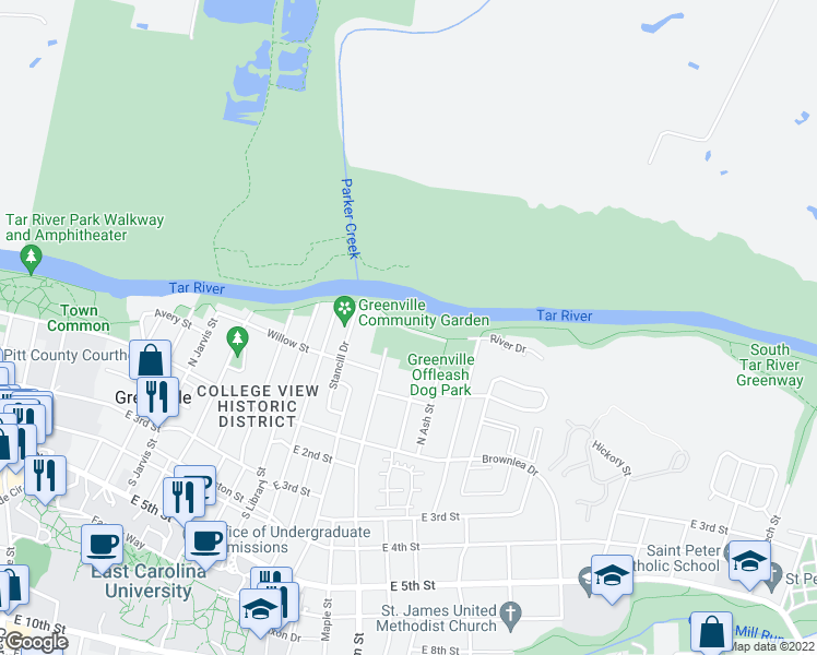 map of restaurants, bars, coffee shops, grocery stores, and more near S Tar River Greenway in Greenville