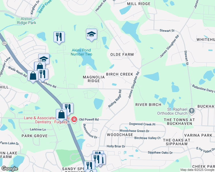 map of restaurants, bars, coffee shops, grocery stores, and more near 305 Dickens Road in Fuquay Varina