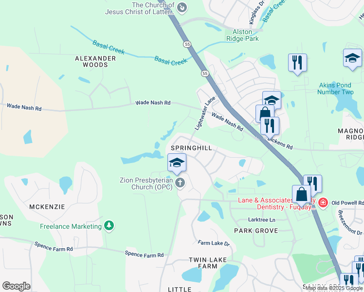 map of restaurants, bars, coffee shops, grocery stores, and more near 2117 Lightwater Lane in Holly Springs