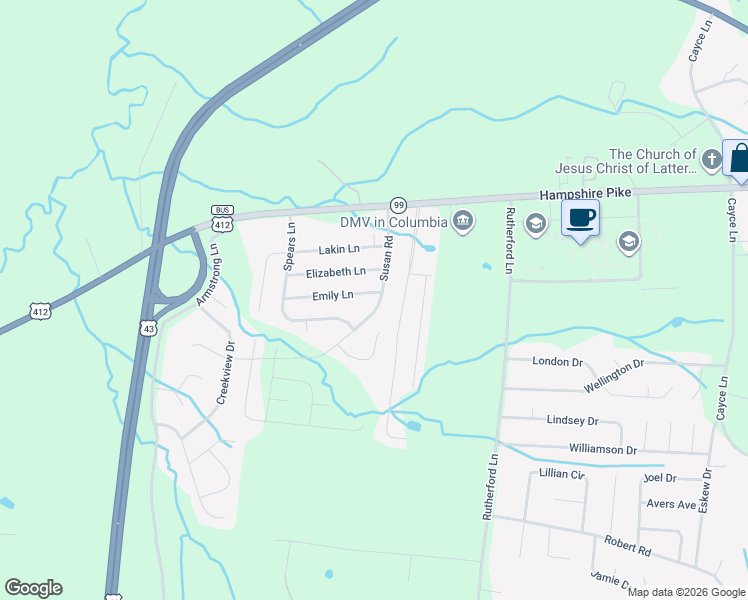 map of restaurants, bars, coffee shops, grocery stores, and more near 1924 Susan Road in Columbia