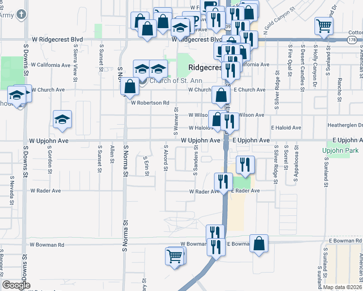 map of restaurants, bars, coffee shops, grocery stores, and more near 512 South Fairview Street in Ridgecrest