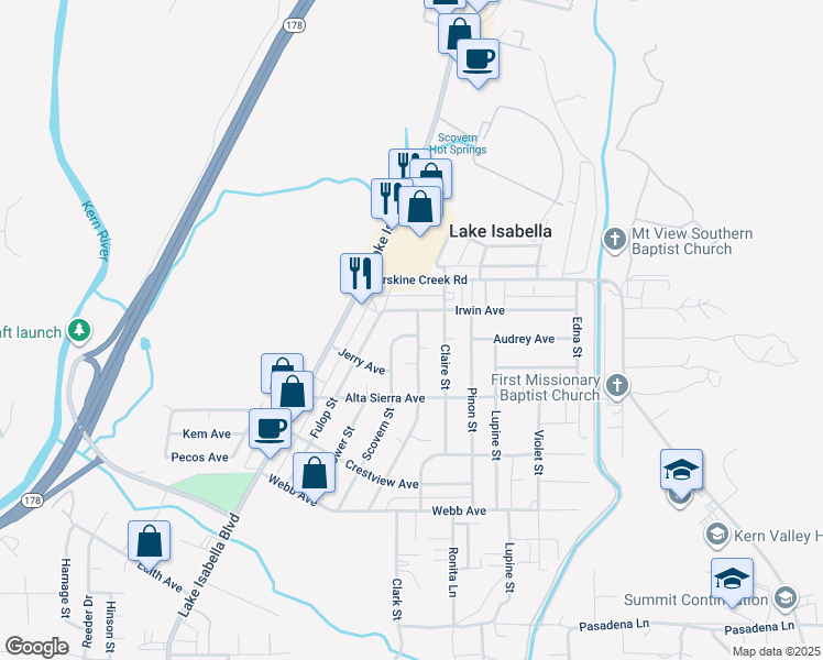 map of restaurants, bars, coffee shops, grocery stores, and more near 2840 Steensen Street in Lake Isabella