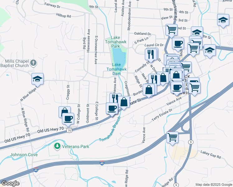 map of restaurants, bars, coffee shops, grocery stores, and more near 203 Swannanoa Avenue in Black Mountain