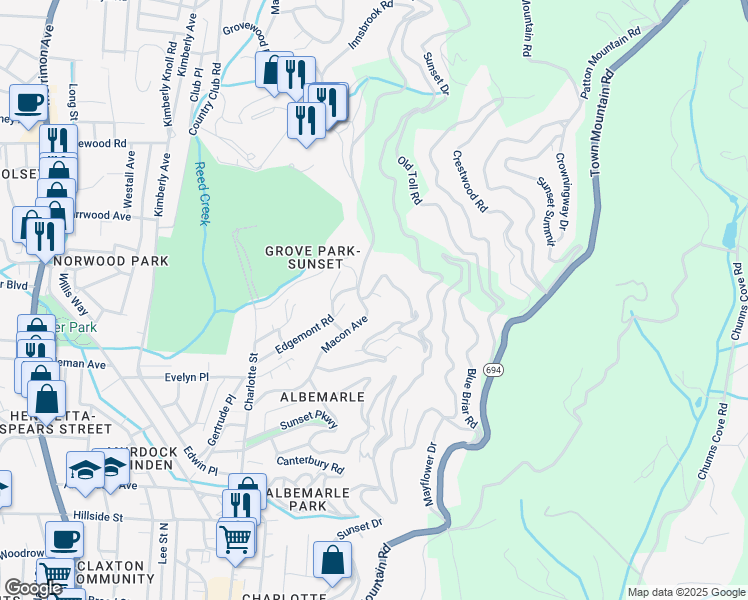 map of restaurants, bars, coffee shops, grocery stores, and more near 163 Macon Avenue in Asheville