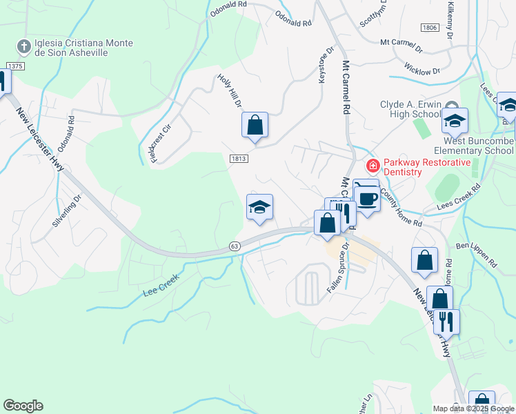 map of restaurants, bars, coffee shops, grocery stores, and more near 15 Carmel Ridge Circle in Asheville