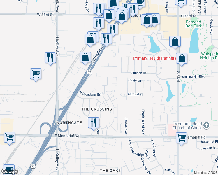 map of restaurants, bars, coffee shops, grocery stores, and more near 14144 Crossing Way East in Edmond