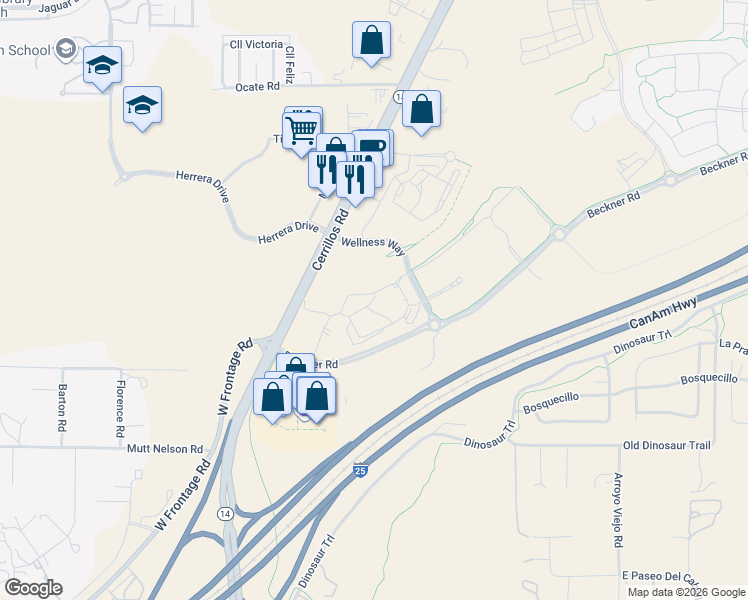 map of restaurants, bars, coffee shops, grocery stores, and more near 5407 Beckner Road in Santa Fe