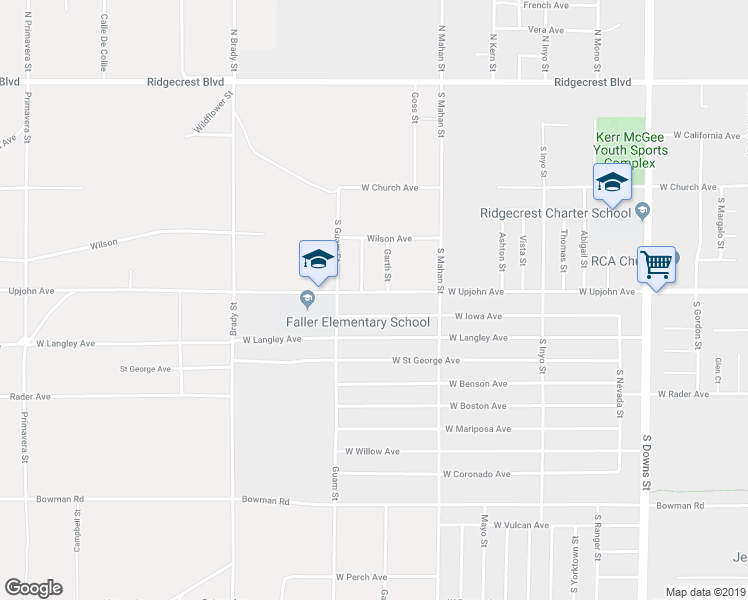 map of restaurants, bars, coffee shops, grocery stores, and more near 1409 West Upjohn Avenue in Ridgecrest