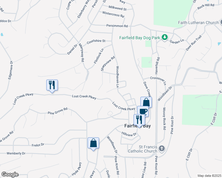 map of restaurants, bars, coffee shops, grocery stores, and more near 3002 Summer Hill Place in Fairfield Bay