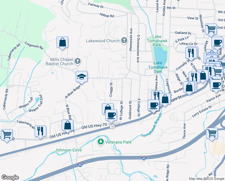 map of restaurants, bars, coffee shops, grocery stores, and more near 109 Craggy Street in Black Mountain