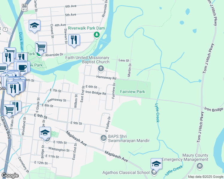 map of restaurants, bars, coffee shops, grocery stores, and more near 612 Fairview Drive in Columbia