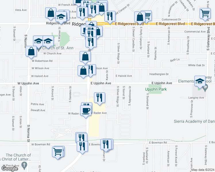 map of restaurants, bars, coffee shops, grocery stores, and more near 153 East Upjohn Avenue in Ridgecrest