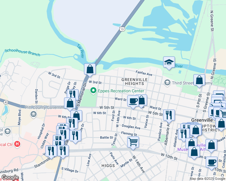 map of restaurants, bars, coffee shops, grocery stores, and more near 1304 West 4th Street in Greenville