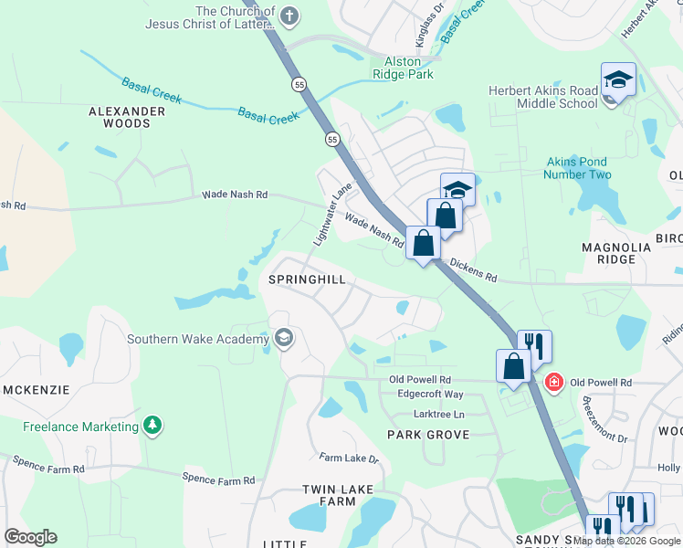 map of restaurants, bars, coffee shops, grocery stores, and more near 209 Stobhill Lane in Holly Springs