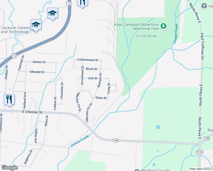 map of restaurants, bars, coffee shops, grocery stores, and more near 123 Craig Street in Jackson