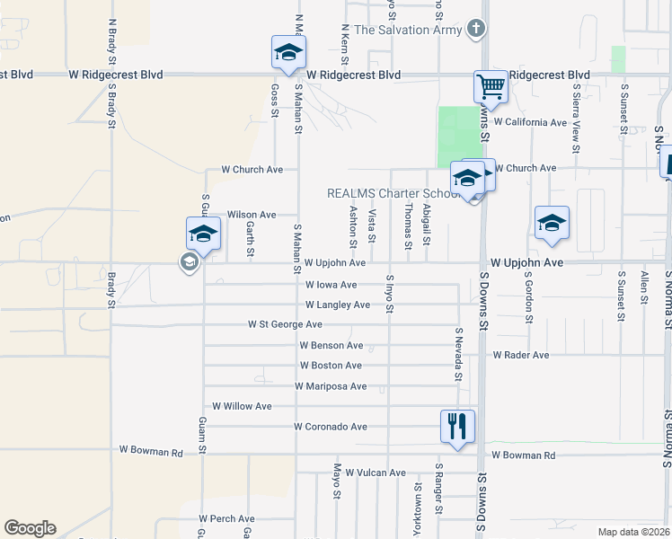 map of restaurants, bars, coffee shops, grocery stores, and more near 1146 West Iowa Avenue in Ridgecrest