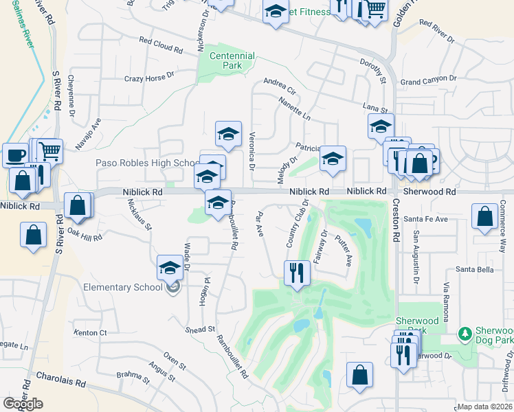 map of restaurants, bars, coffee shops, grocery stores, and more near 1020 Par Avenue in Paso Robles
