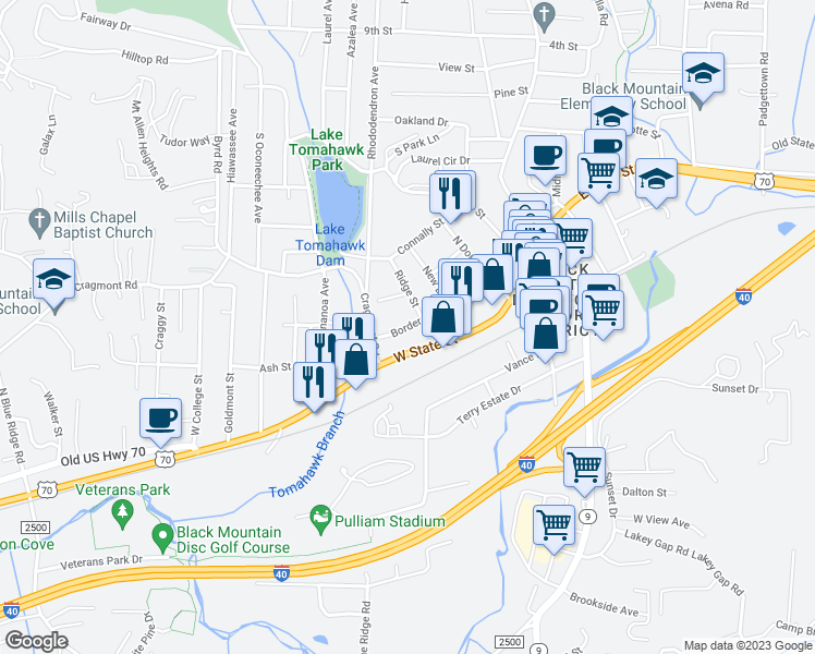 map of restaurants, bars, coffee shops, grocery stores, and more near 204 Border Street in Black Mountain