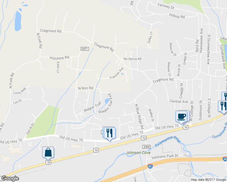 map of restaurants, bars, coffee shops, grocery stores, and more near 49 Wagon Trail in Black Mountain